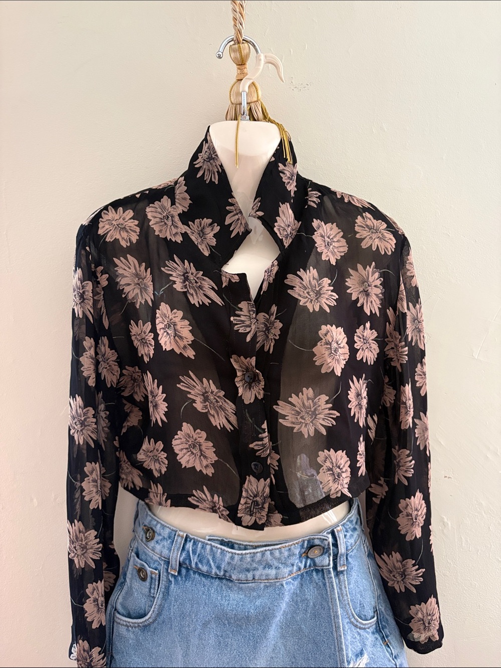le chateau Black Sheer Crop Blouse with Blush Floral Print. RAYON